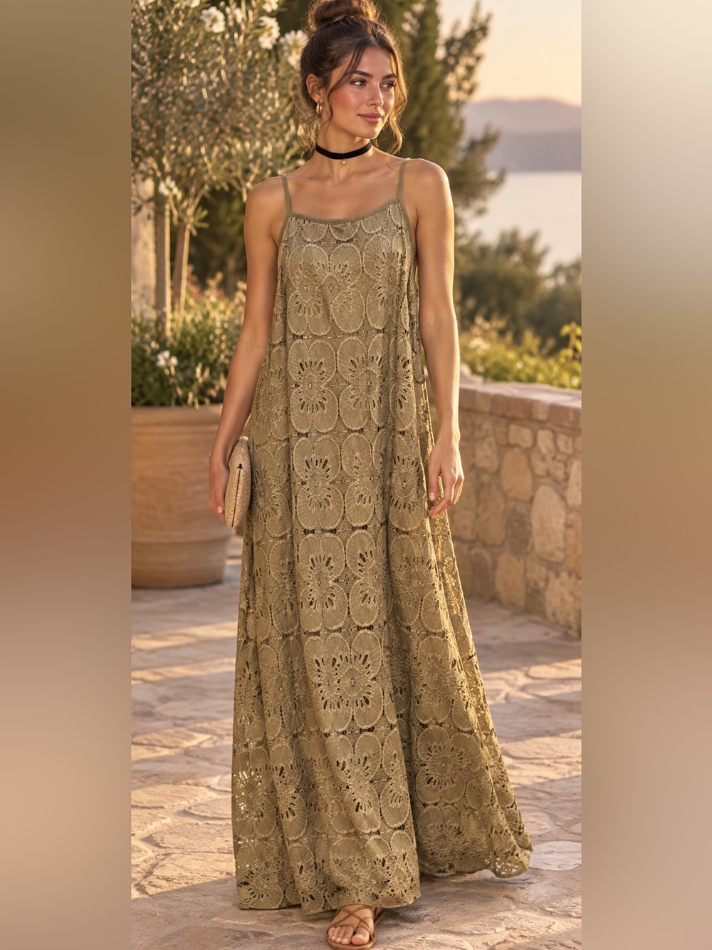 NWT Floral Crochet Maxi Skirt in Olive